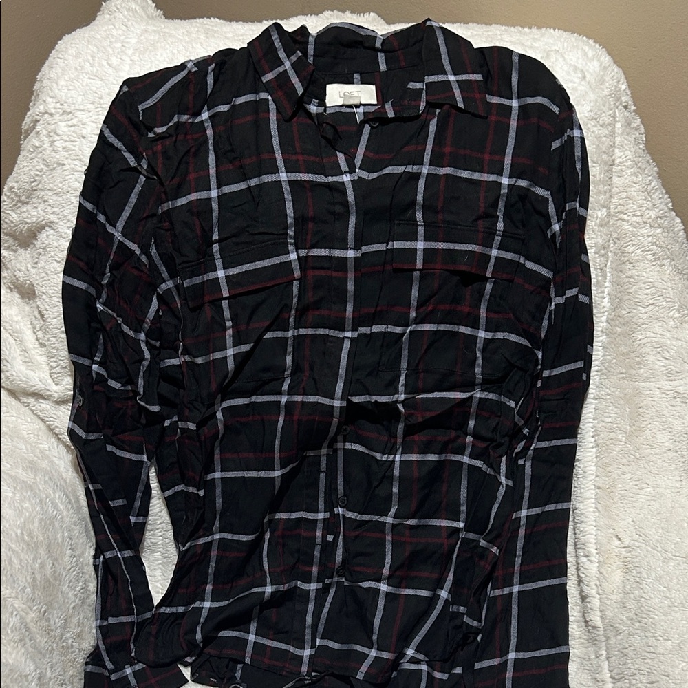 LOFT Black and Burgundy Plaid Shirt